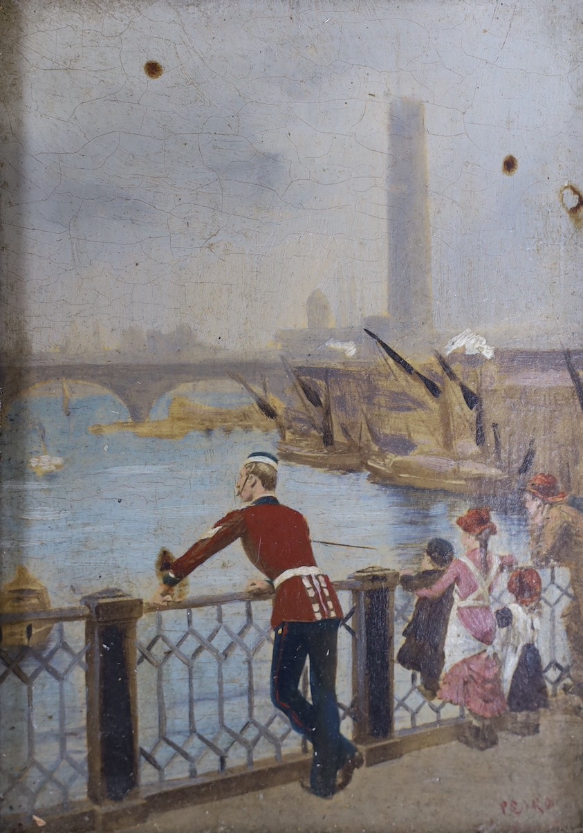 Bonetti, ink and watercolour, Study of an Italian soldier, signed, 22 x 10cm, unframed, and an overpainted print of figures overlooking The Thames